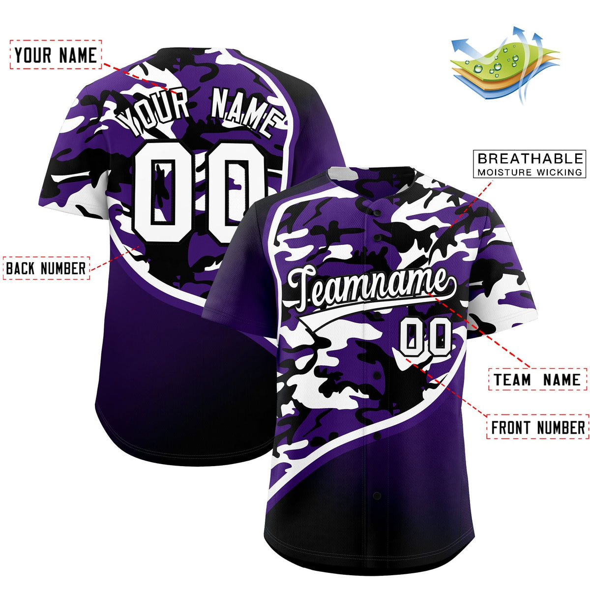 Custom Purple White Black Camo Gradient Fashion Baseball Jersey | Perfect for Training,Sublimation Printed &amp; Stitched,Add Name and Numbern,Perfect for Teams | KXKSHOP