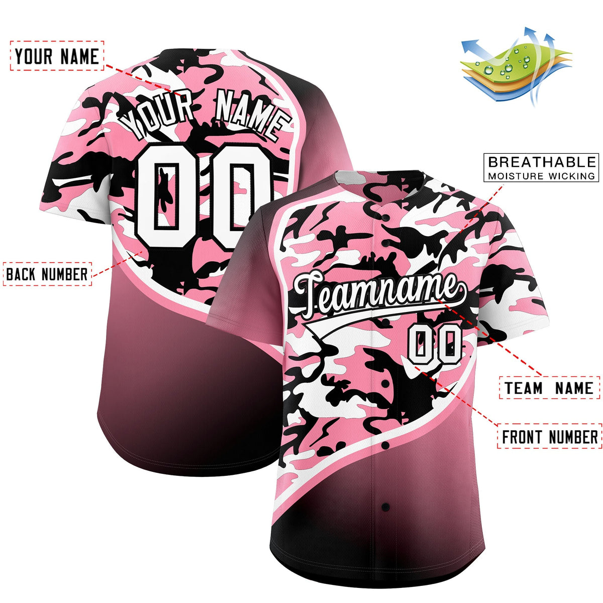 Custom Light Pink Black White Camo Gradient Fashion Baseball Jersey | Perfect for Training,Sublimation Printed &amp; Stitched,Add Name and Numbern,Perfect for Teams | KXKSHOP