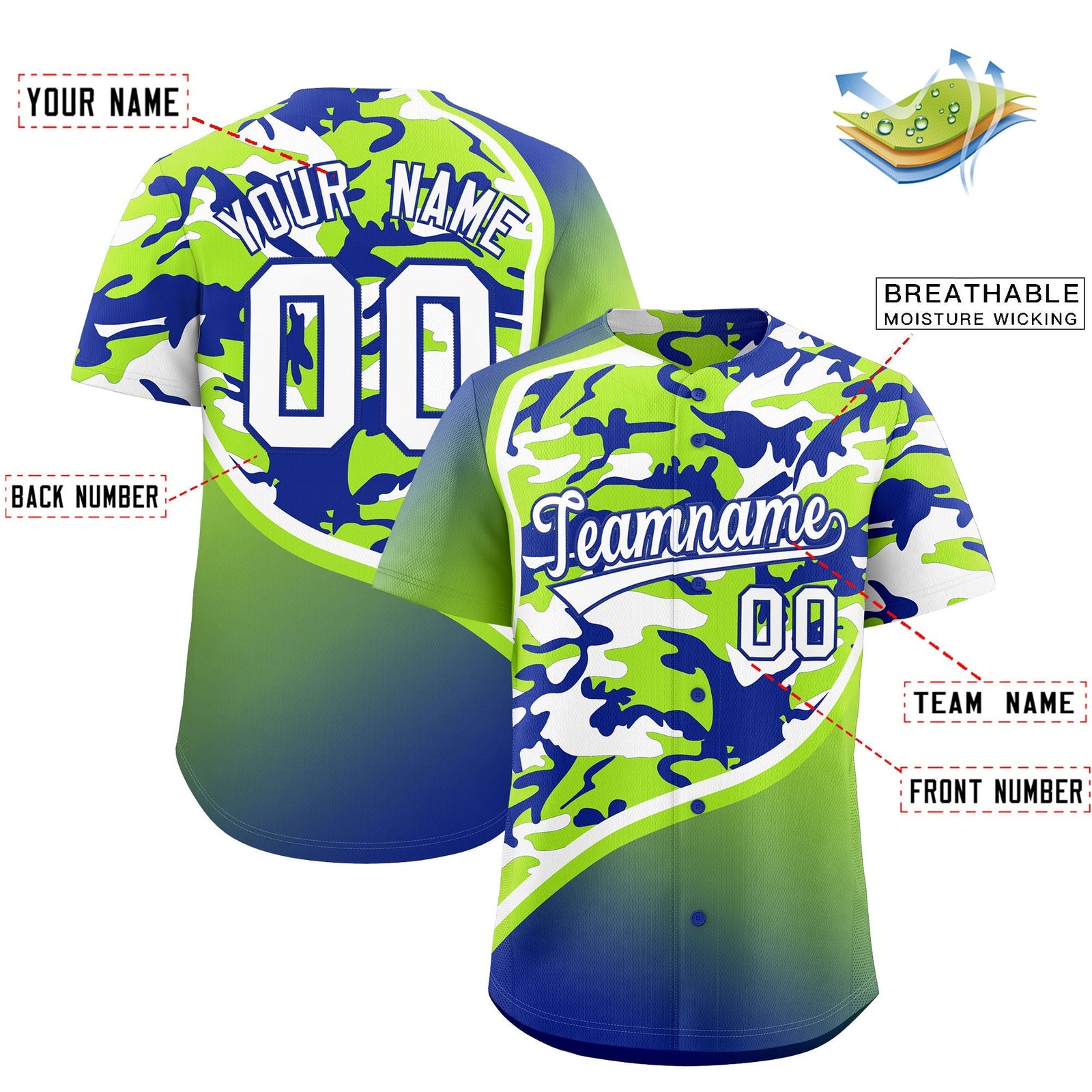 Custom Neon Green Royal Blue White Camo Gradient Fashion Baseball Jersey | Perfect for Training,Sublimation Printed & Stitched,Add Name and Numbern,Perfect for Teams | KXKSHOP