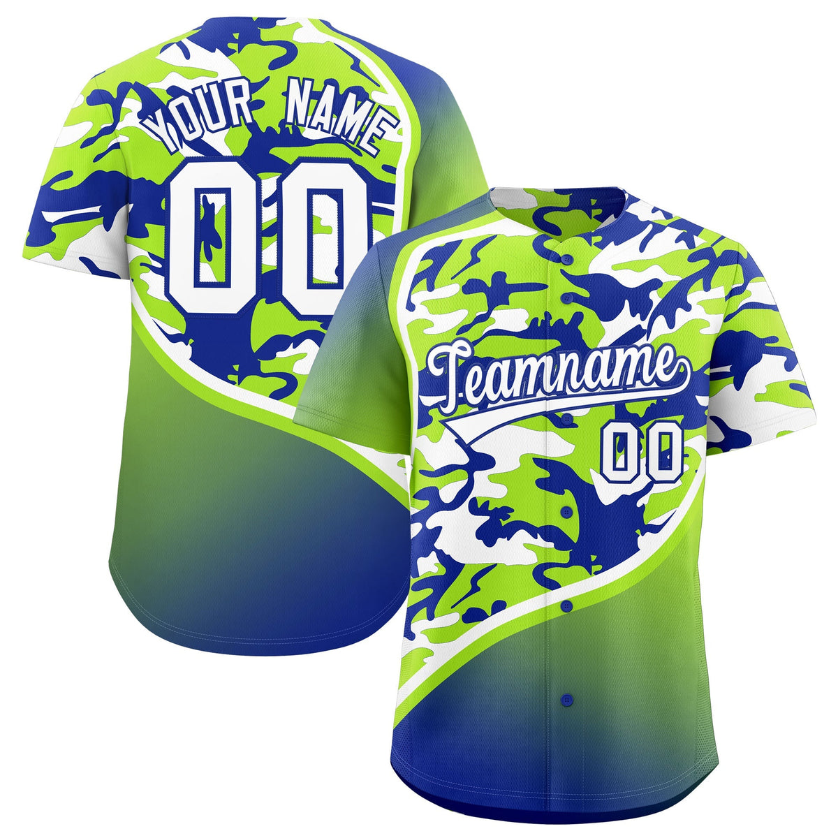 Custom Neon Green Royal Blue White Camo Gradient Fashion Baseball Jersey | Perfect for Training,Sublimation Printed & Stitched,Add Name and Numbern,Perfect for Teams | KXKSHOP