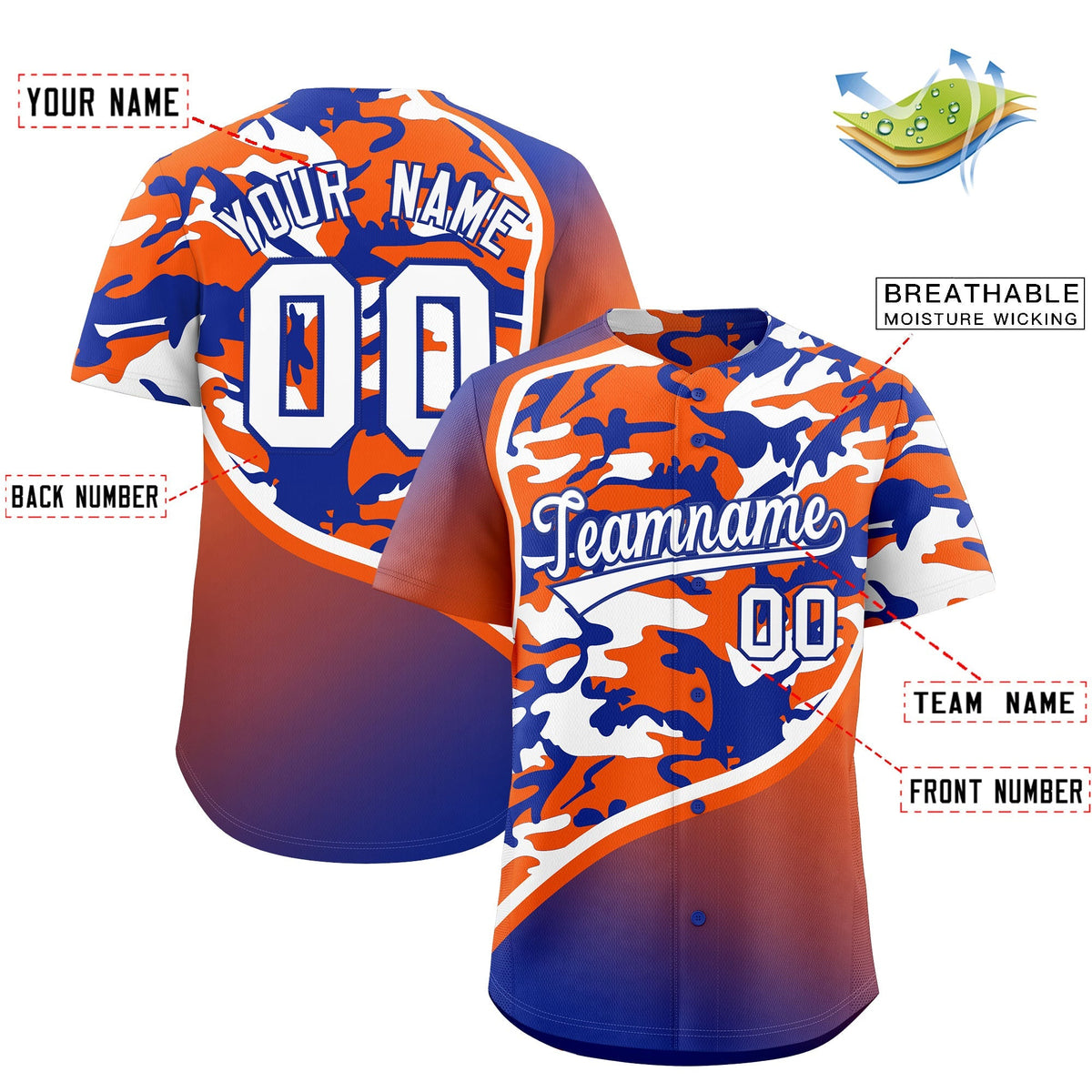 Custom Orange Royal Blue White Camo Gradient Fashion Baseball Jersey | Perfect for Training,Sublimation Printed & Stitched,Add Name and Numbern,Perfect for Teams | KXKSHOP