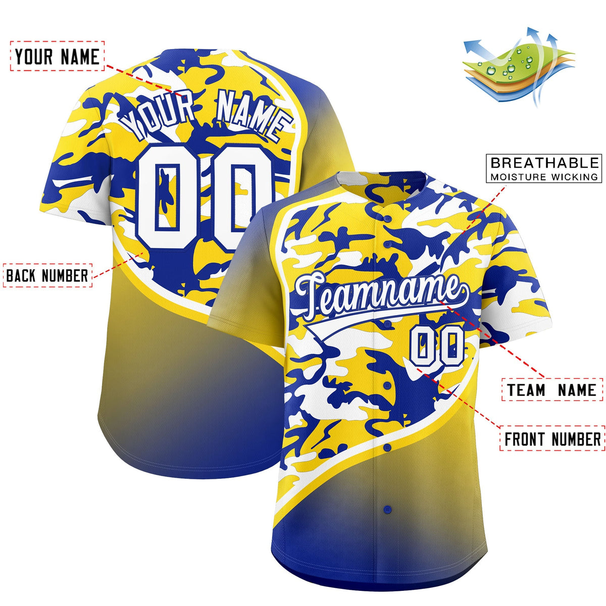 Custom Gold Royal Blue White Camo Gradient Fashion Baseball Jersey | Perfect for Training,Sublimation Printed & Stitched,Add Name and Numbern,Perfect for Teams | KXKSHOP