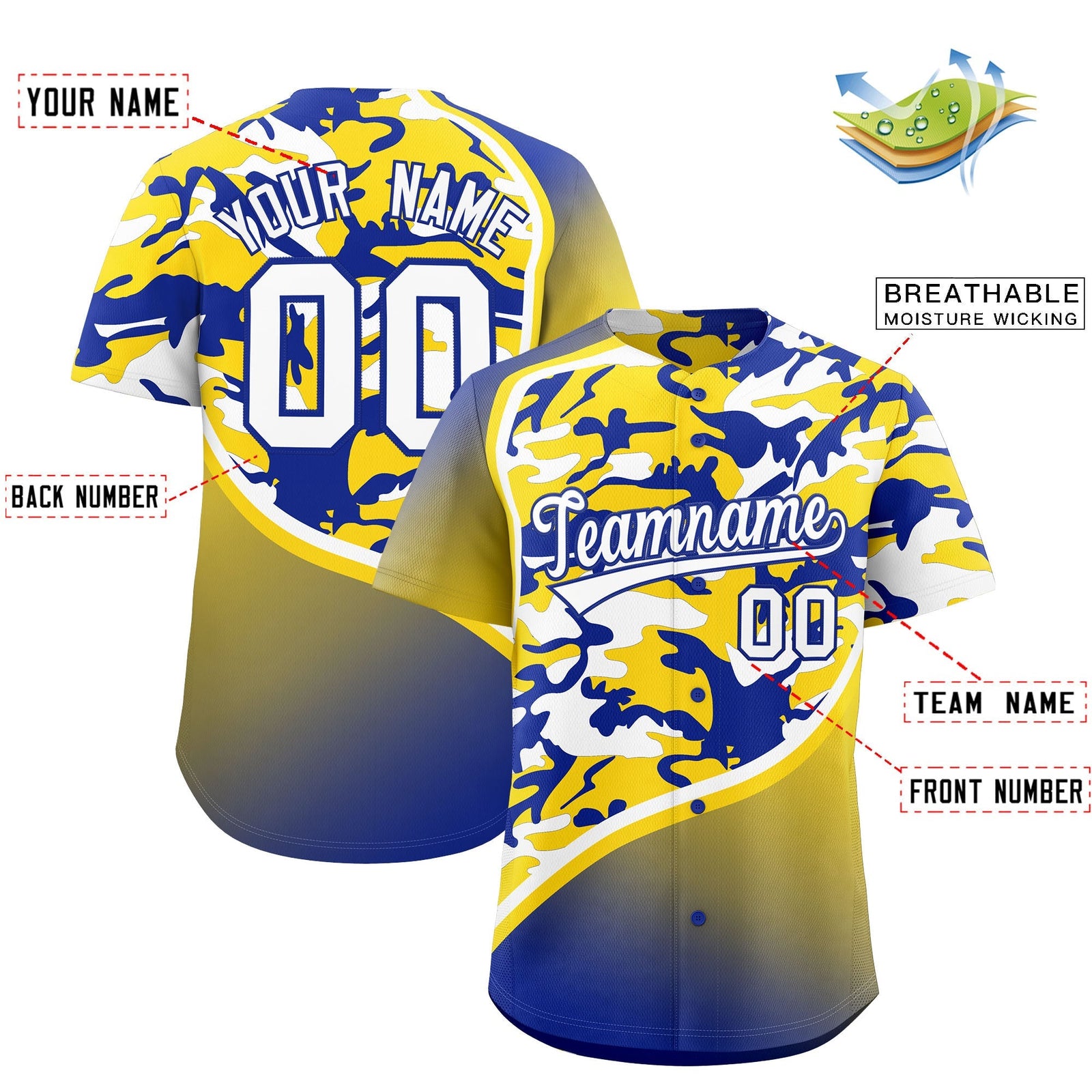 Custom Gold Royal Blue White Camo Gradient Fashion Baseball Jersey | Perfect for Training,Sublimation Printed & Stitched,Add Name and Numbern,Perfect for Teams | KXKSHOP