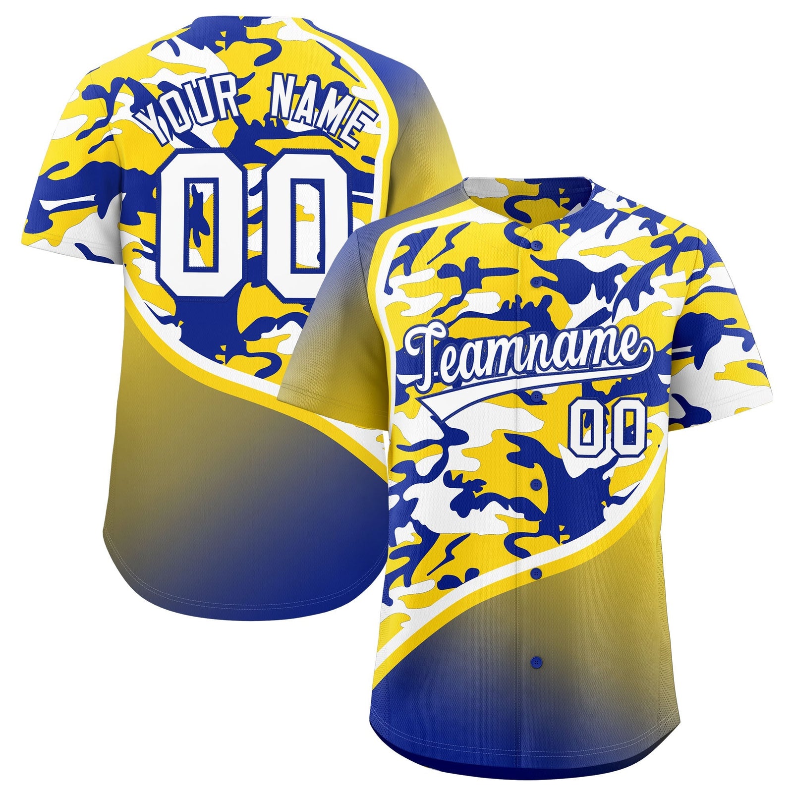 Custom Gold Royal Blue White Camo Gradient Fashion Baseball Jersey | Perfect for Training,Sublimation Printed & Stitched,Add Name and Numbern,Perfect for Teams | KXKSHOP