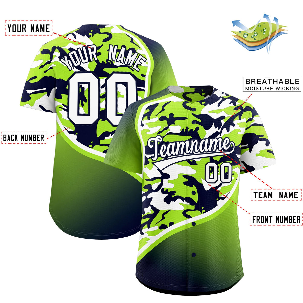 Custom Neon Green Navy White Camo Gradient Fashion Baseball Jersey | Perfect for Training,Sublimation Printed &amp; Stitched,Add Name and Numbern,Perfect for Teams | KXKSHOP