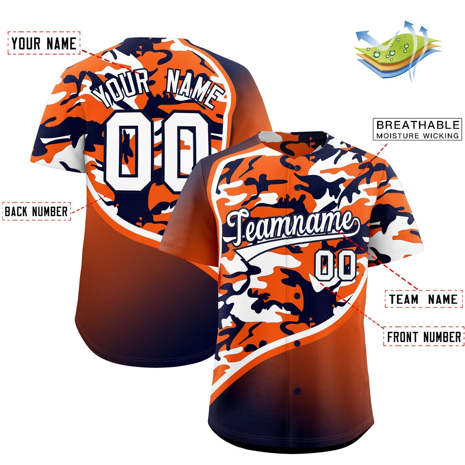 Custom Orange Navy White Camo Gradient Fashion Baseball Jersey | Perfect for Training,Sublimation Printed & Stitched,Add Name and Numbern,Perfect for Teams | KXKSHOP
