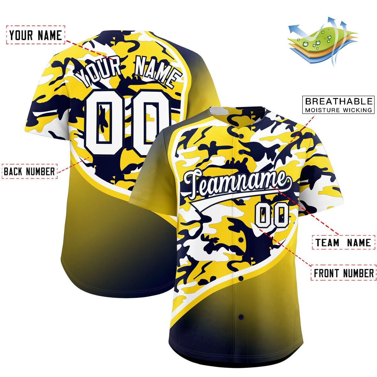 Custom Gold Navy White Camo Gradient Fashion Baseball Jersey | Perfect for Training,Sublimation Printed &amp; Stitched,Add Name and Numbern,Perfect for Teams | KXKSHOP