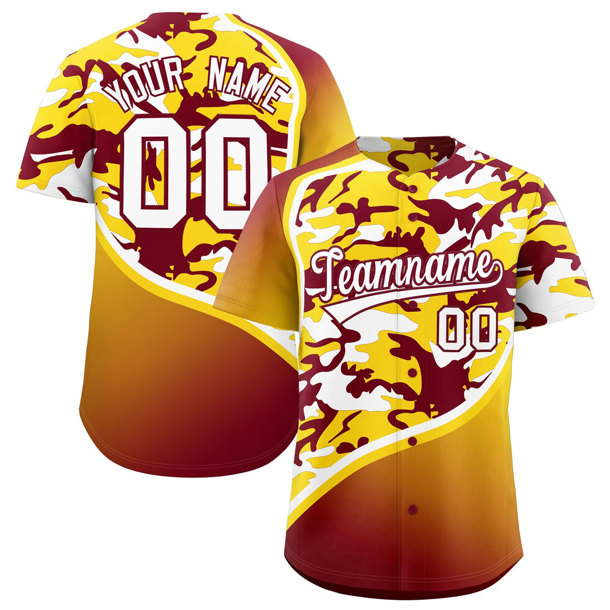 Custom Crimson Gold White Camo Gradient Fashion Baseball Jersey | Perfect for Training,Sublimation Printed &amp; Stitched,Add Name and Numbern,Perfect for Teams | KXKSHOP