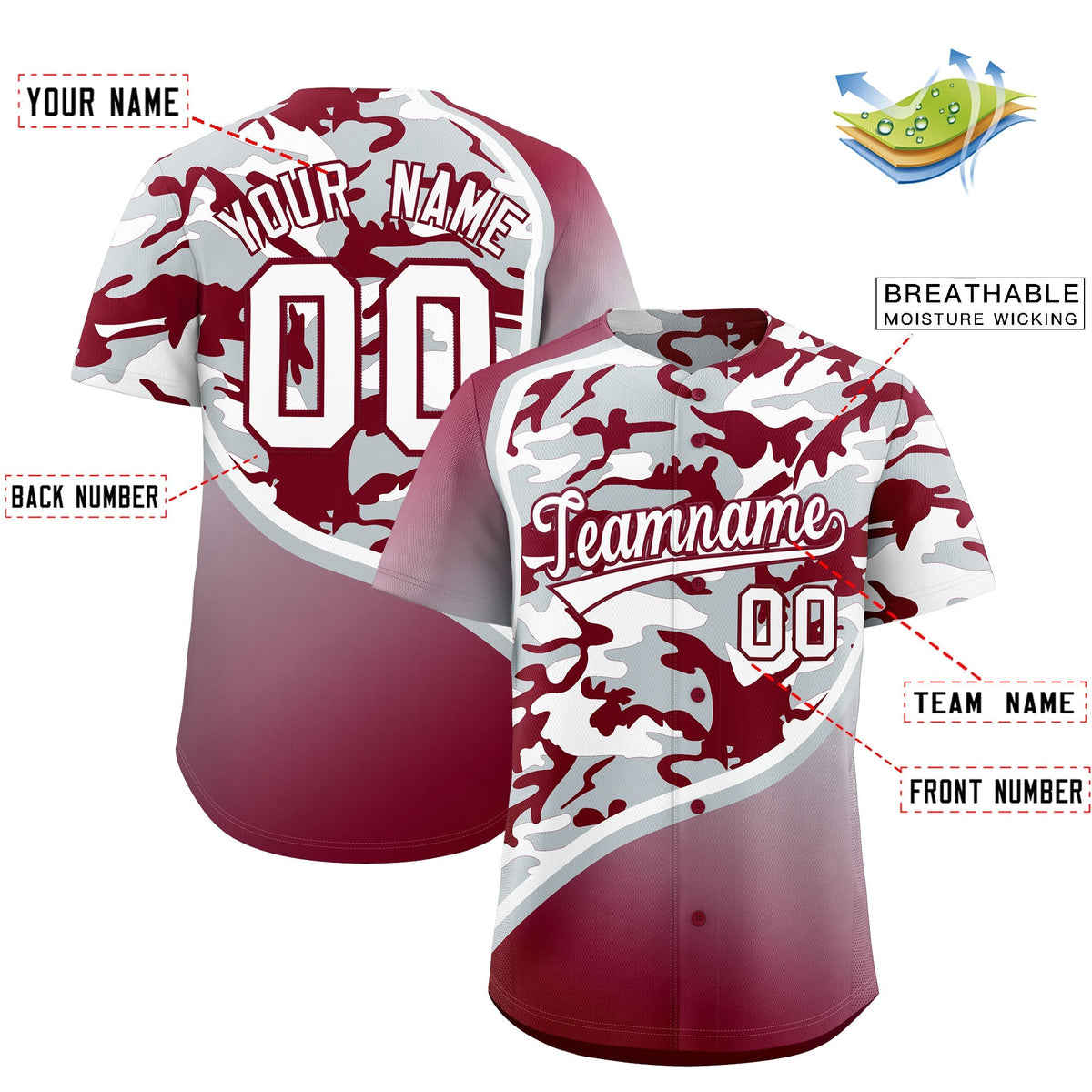 Custom Silver Crimson White Camo Gradient Fashion Baseball Jersey | Perfect for Training,Sublimation Printed & Stitched,Add Name and Numbern,Perfect for Teams | KXKSHOP