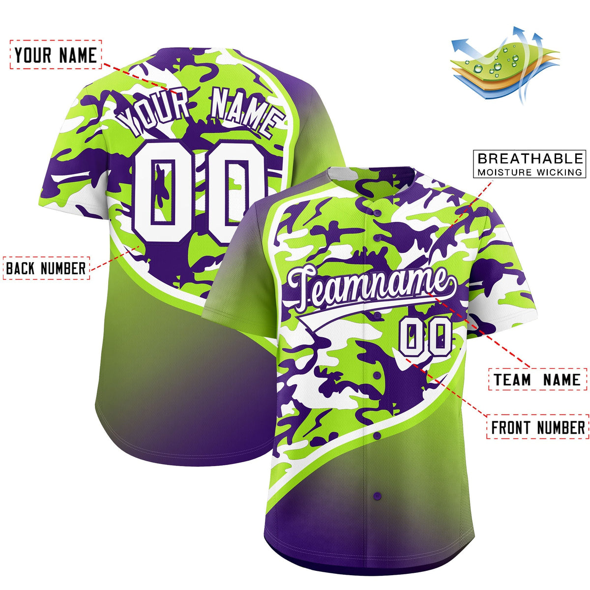 Custom Neon Green Purple White Camo Gradient Fashion Baseball Jersey | Perfect for Training,Sublimation Printed &amp; Stitched,Add Name and Numbern,Perfect for Teams | KXKSHOP
