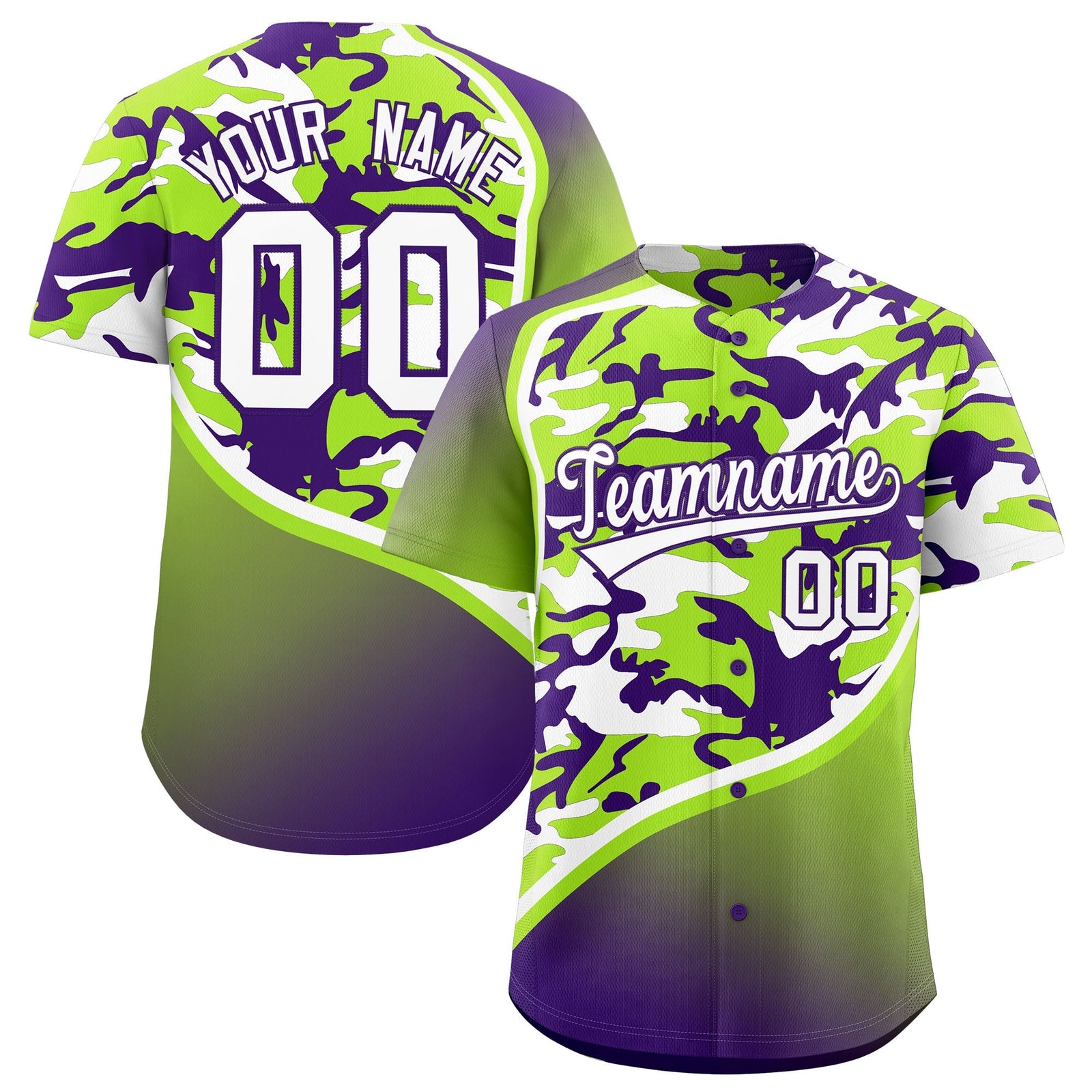 Custom Neon Green Purple White Camo Gradient Fashion Baseball Jersey | Perfect for Training,Sublimation Printed & Stitched,Add Name and Numbern,Perfect for Teams | KXKSHOP