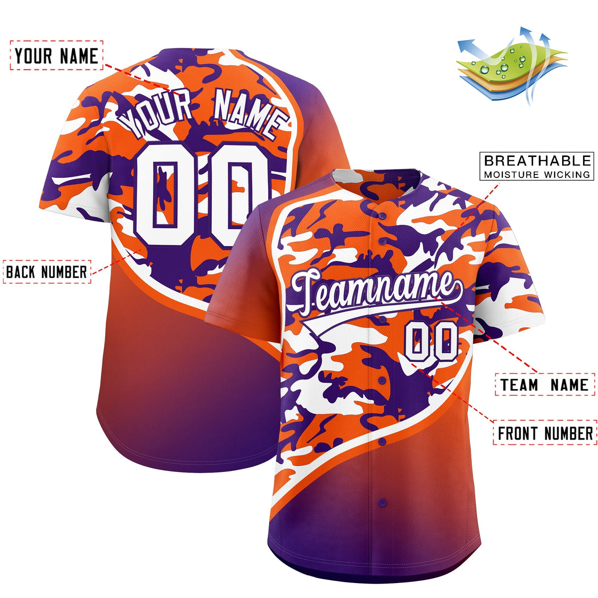 Custom Orange Purple White Camo Gradient Fashion Baseball Jersey | Perfect for Training,Sublimation Printed &amp; Stitched,Add Name and Numbern,Perfect for Teams | KXKSHOP