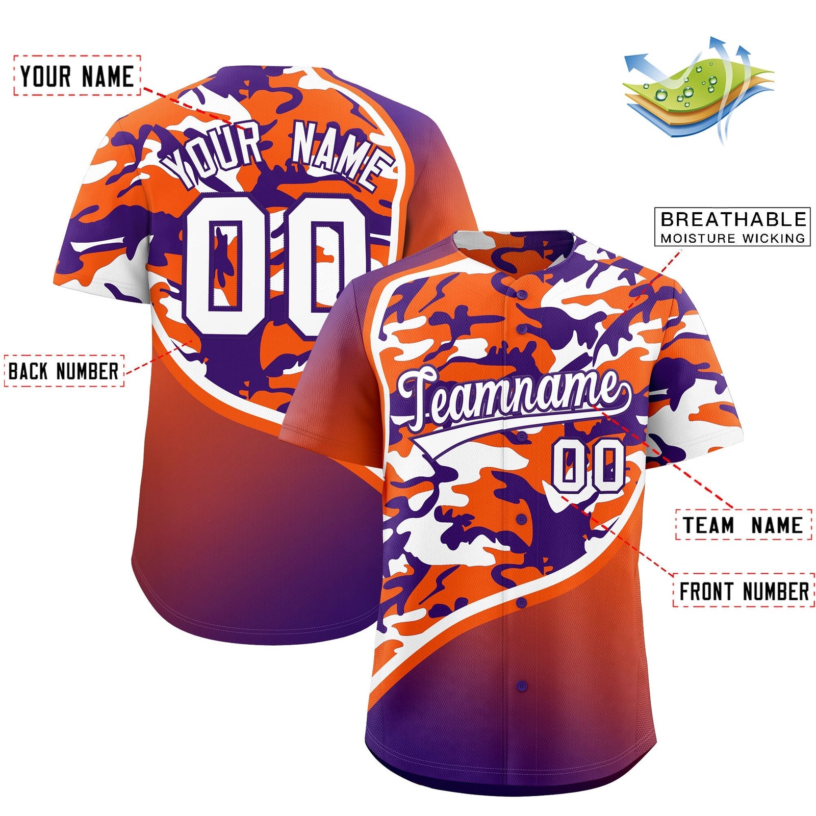 Custom Orange Purple White Camo Gradient Fashion Baseball Jersey | Perfect for Training,Sublimation Printed & Stitched,Add Name and Numbern,Perfect for Teams | KXKSHOP