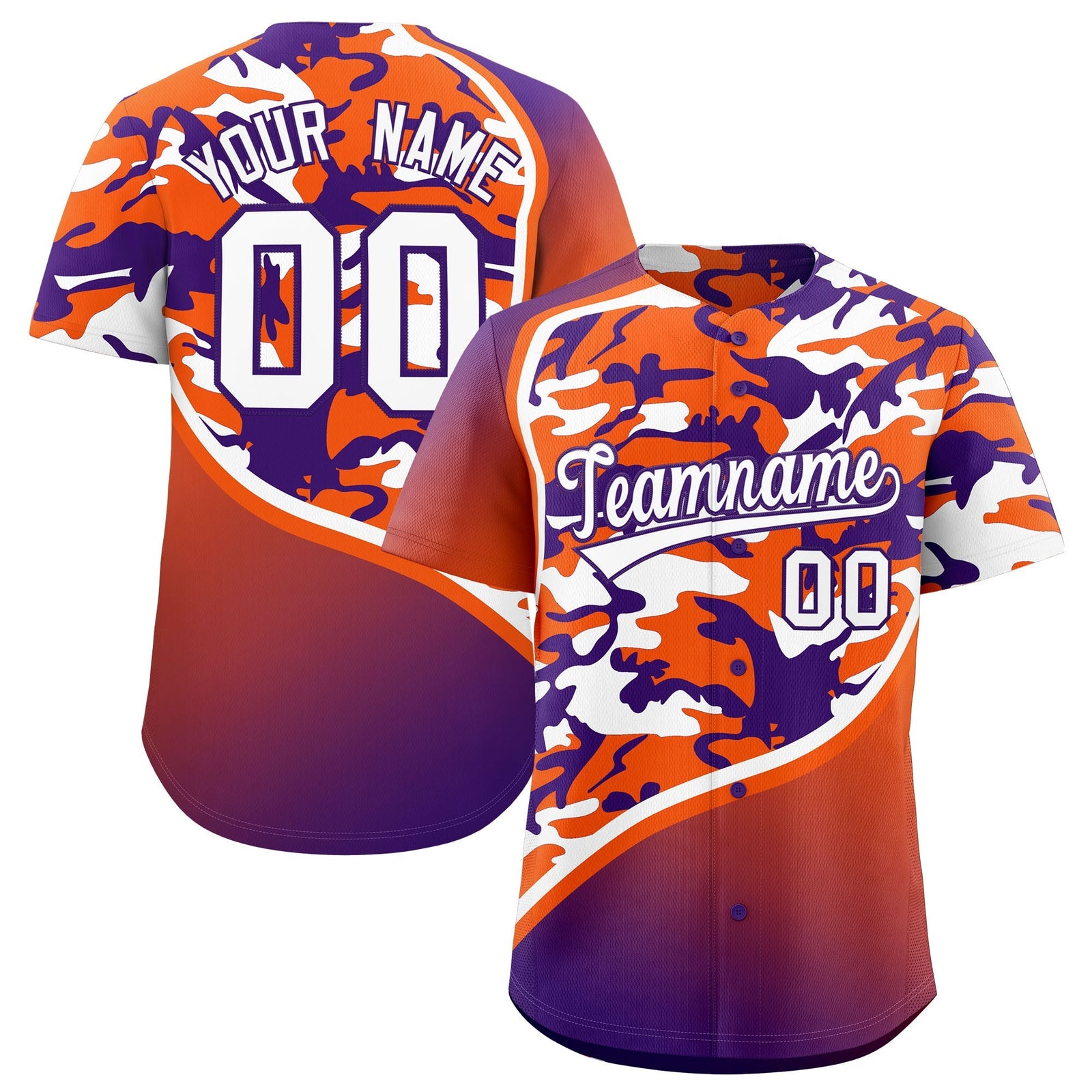 Custom Orange Purple White Camo Gradient Fashion Baseball Jersey | Perfect for Training,Sublimation Printed & Stitched,Add Name and Numbern,Perfect for Teams | KXKSHOP