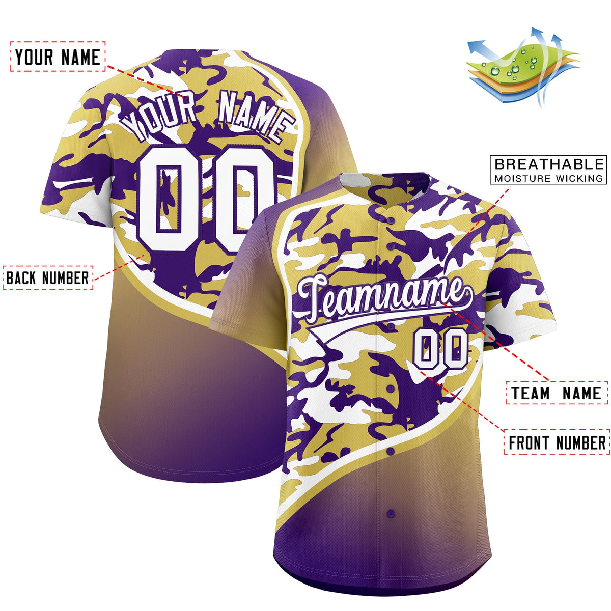 Custom Old Gold Purple White Camo Gradient Fashion Baseball Jersey | Perfect for Training,Sublimation Printed &amp; Stitched,Add Name and Numbern,Perfect for Teams | KXKSHOP