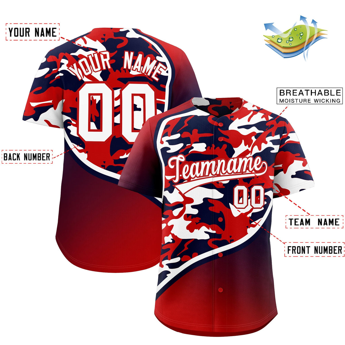 Custom Red Navy White Camo Gradient Fashion Baseball Jersey | Perfect for Training,Sublimation Printed &amp; Stitched,Add Name and Numbern,Perfect for Teams | KXKSHOP