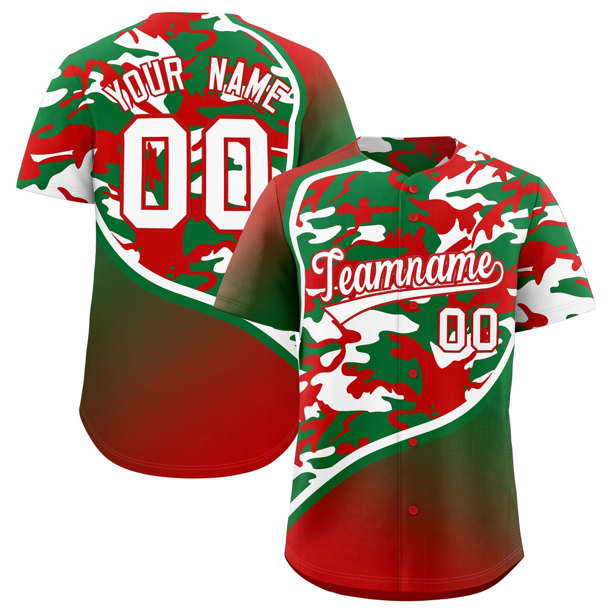 Custom Kelly Green Red White Camo Gradient Fashion Baseball Jersey | Perfect for Training,Sublimation Printed &amp; Stitched,Add Name and Numbern,Perfect for Teams | KXKSHOP