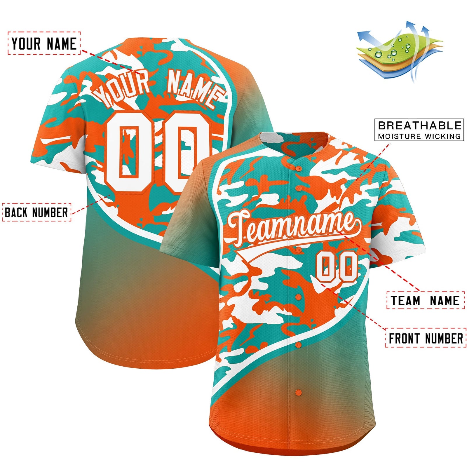 Custom Aqua White Orange Camo Gradient Fashion Baseball Jersey | Perfect for Training,Sublimation Printed & Stitched,Add Name and Numbern,Perfect for Teams | KXKSHOP