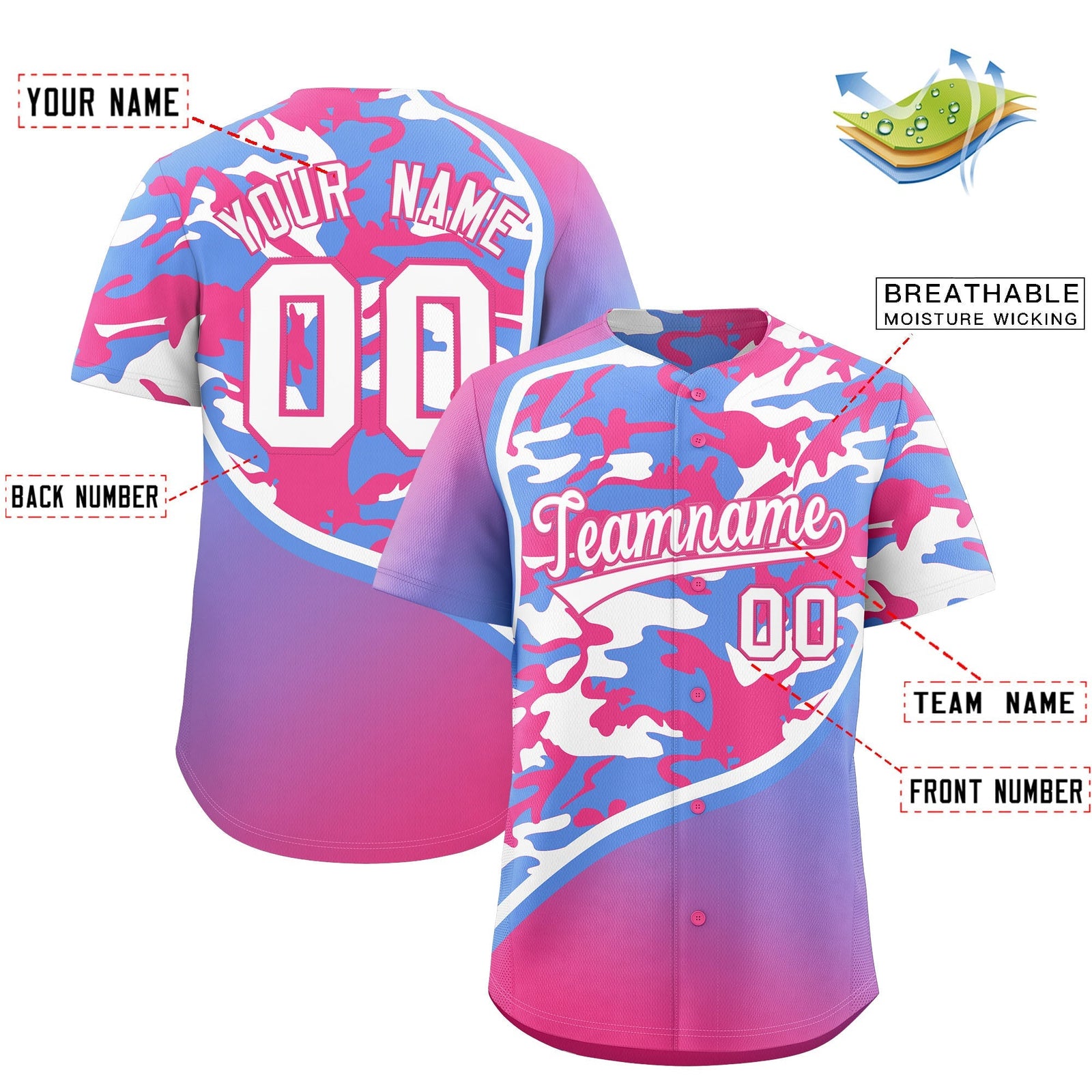 Custom Light Blue Pink White Camo Gradient Fashion Baseball Jersey | Perfect for Training,Sublimation Printed & Stitched,Add Name and Numbern,Perfect for Teams | KXKSHOP