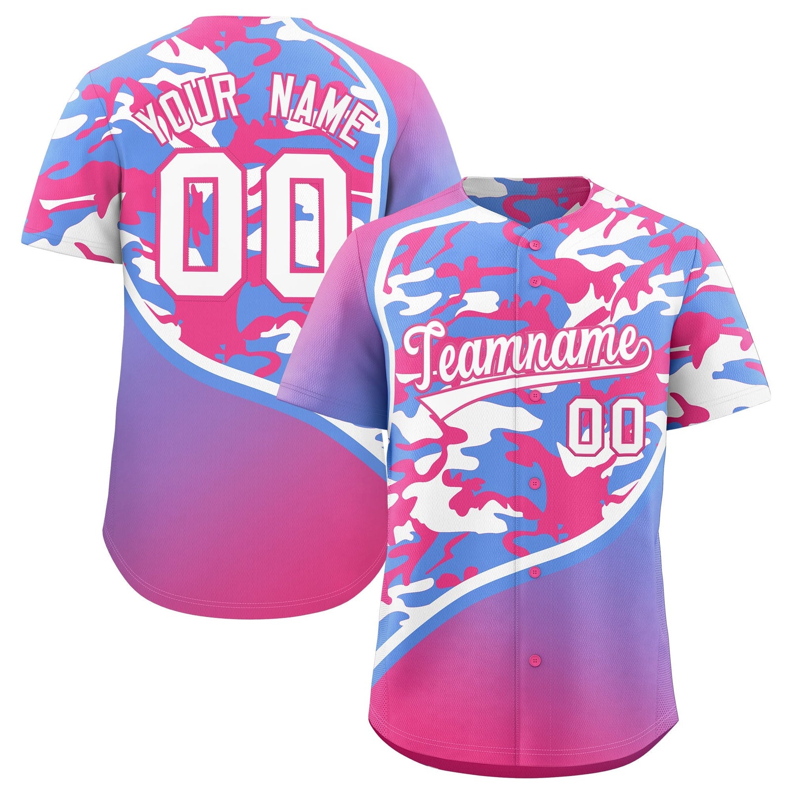 Custom Light Blue Pink White Camo Gradient Fashion Baseball Jersey | Perfect for Training,Sublimation Printed & Stitched,Add Name and Numbern,Perfect for Teams | KXKSHOP