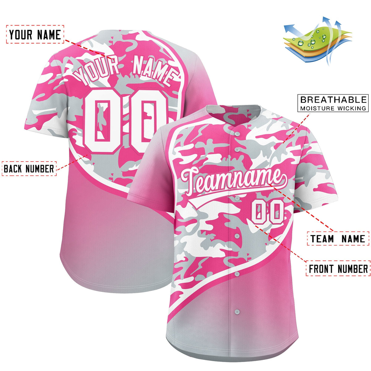 Custom Pink Silver White Camo Gradient Fashion Baseball Jersey | Perfect for Training,Sublimation Printed & Stitched,Add Name and Numbern,Perfect for Teams | KXKSHOP