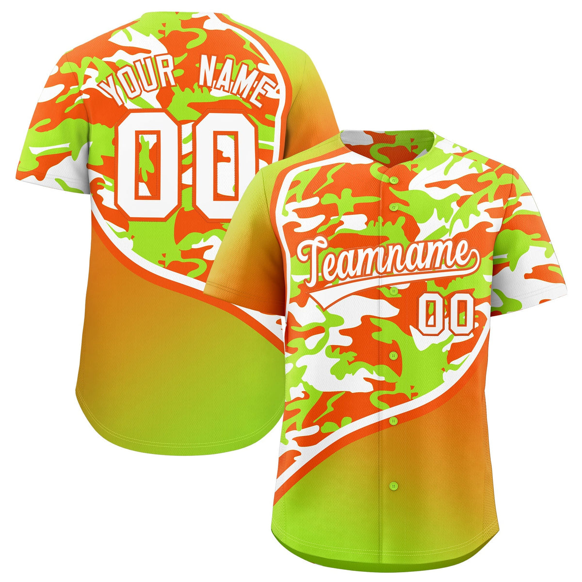 Custom Neon Green Orange White Camo Gradient Fashion Baseball Jersey | Perfect for Training,Sublimation Printed &amp; Stitched,Add Name and Numbern,Perfect for Teams | KXKSHOP