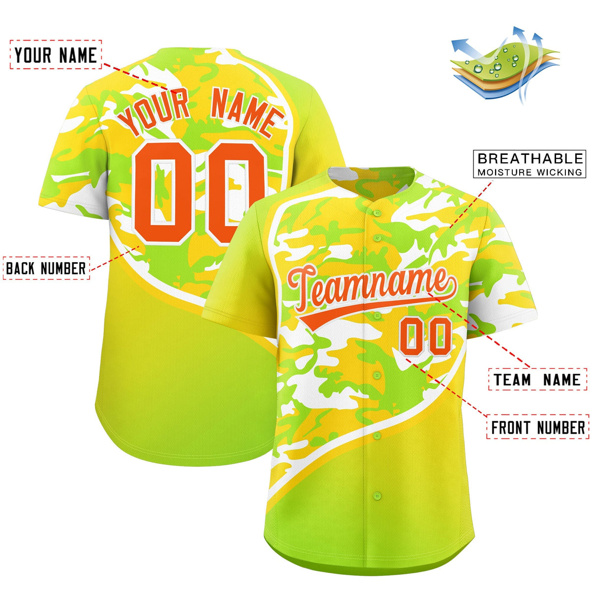 Custom Neon Green Gold White Camo Gradient Fashion Baseball Jersey | Perfect for Training,Sublimation Printed &amp; Stitched,Add Name and Numbern,Perfect for Teams | KXKSHOP