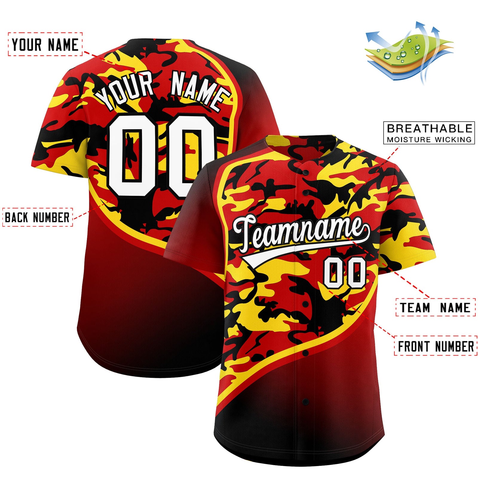 Custom Red Gold Black Camo Gradient Fashion Baseball Jersey | Perfect for Training,Sublimation Printed & Stitched,Add Name and Numbern,Perfect for Teams | KXKSHOP