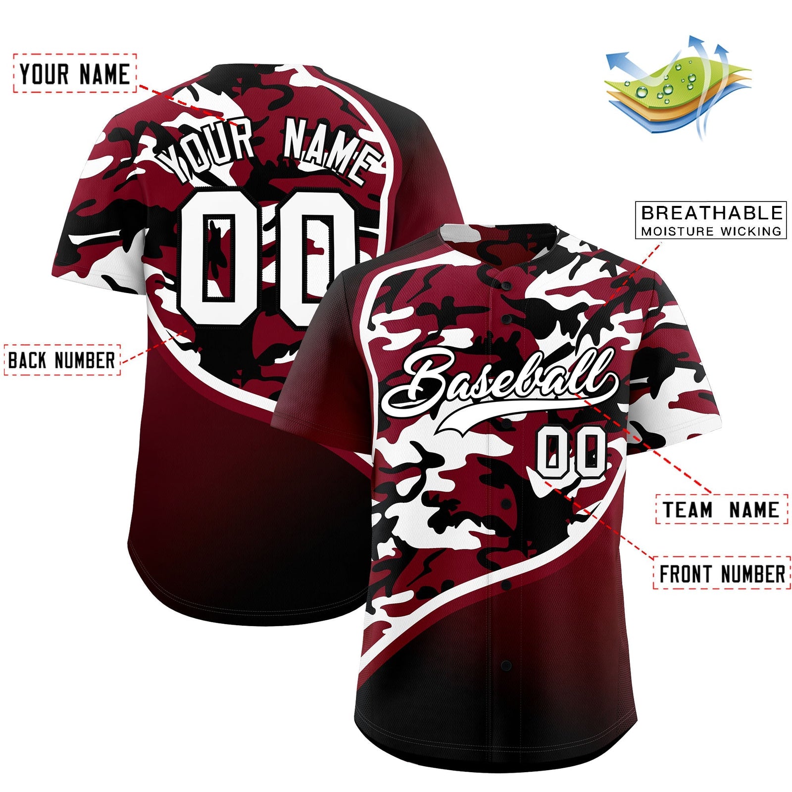Custom Crimson Black White Camo Gradient Fashion Baseball Jersey | Perfect for Training,Sublimation Printed & Stitched,Add Name and Numbern,Perfect for Teams | KXKSHOP