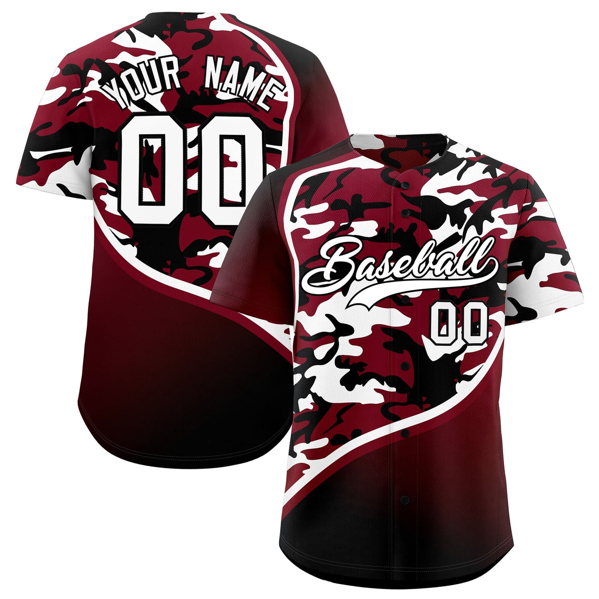 Custom Crimson Black White Camo Gradient Fashion Baseball Jersey | Perfect for Training,Sublimation Printed &amp; Stitched,Add Name and Numbern,Perfect for Teams | KXKSHOP