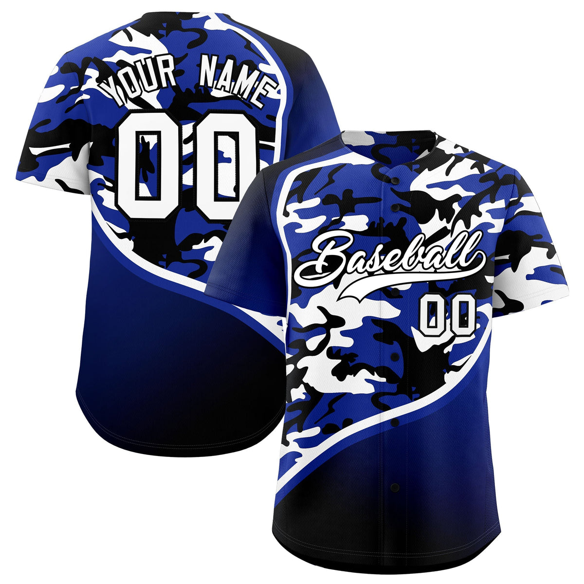 Custom Royal Blue Black White Camo Gradient Fashion Baseball Jersey | Perfect for Training,Sublimation Printed & Stitched,Add Name and Numbern,Perfect for Teams | KXKSHOP