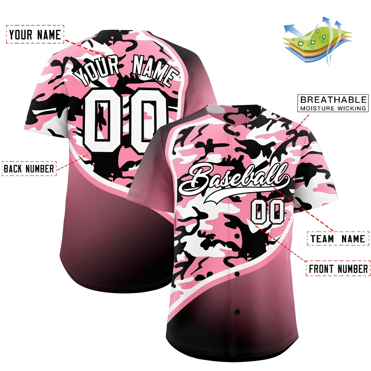 Custom Light Pink Black White Camo Gradient Fashion Baseball Jersey | Perfect for Training,Sublimation Printed &amp; Stitched,Add Name and Numbern,Perfect for Teams | KXKSHOP