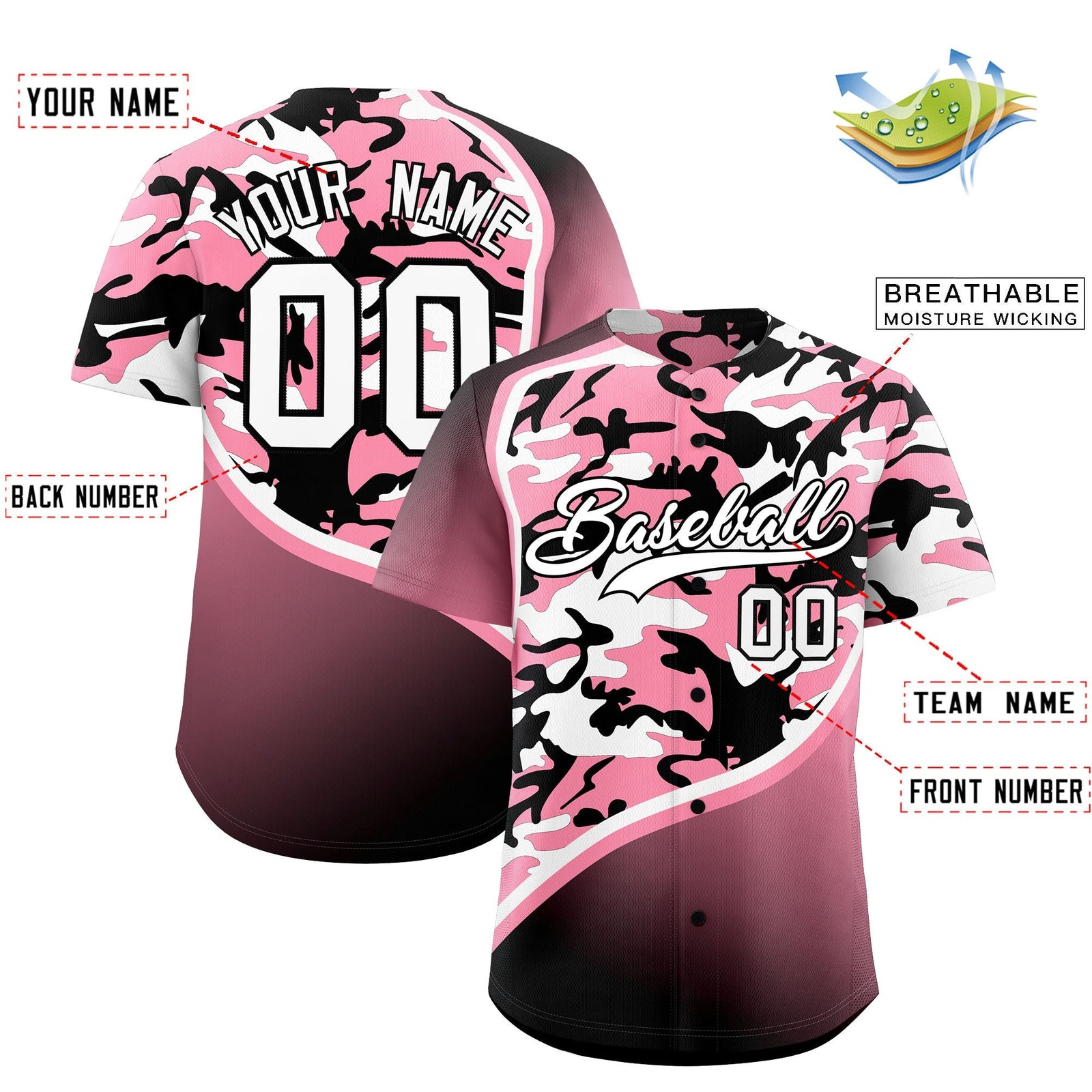 Custom Light Pink Black White Camo Gradient Fashion Baseball Jersey | Perfect for Training,Sublimation Printed & Stitched,Add Name and Numbern,Perfect for Teams | KXKSHOP