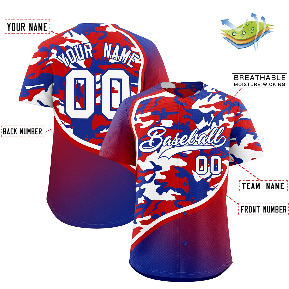 Custom Red White Royal Blue Camo Gradient Fashion Baseball Jersey | Perfect for Training,Sublimation Printed &amp; Stitched,Add Name and Numbern,Perfect for Teams | KXKSHOP