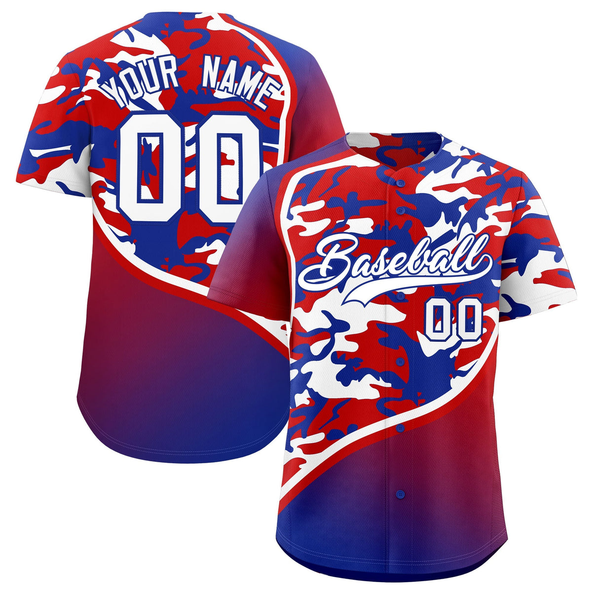 Custom Red White Royal Blue Camo Gradient Fashion Baseball Jersey | Perfect for Training,Sublimation Printed &amp; Stitched,Add Name and Numbern,Perfect for Teams | KXKSHOP
