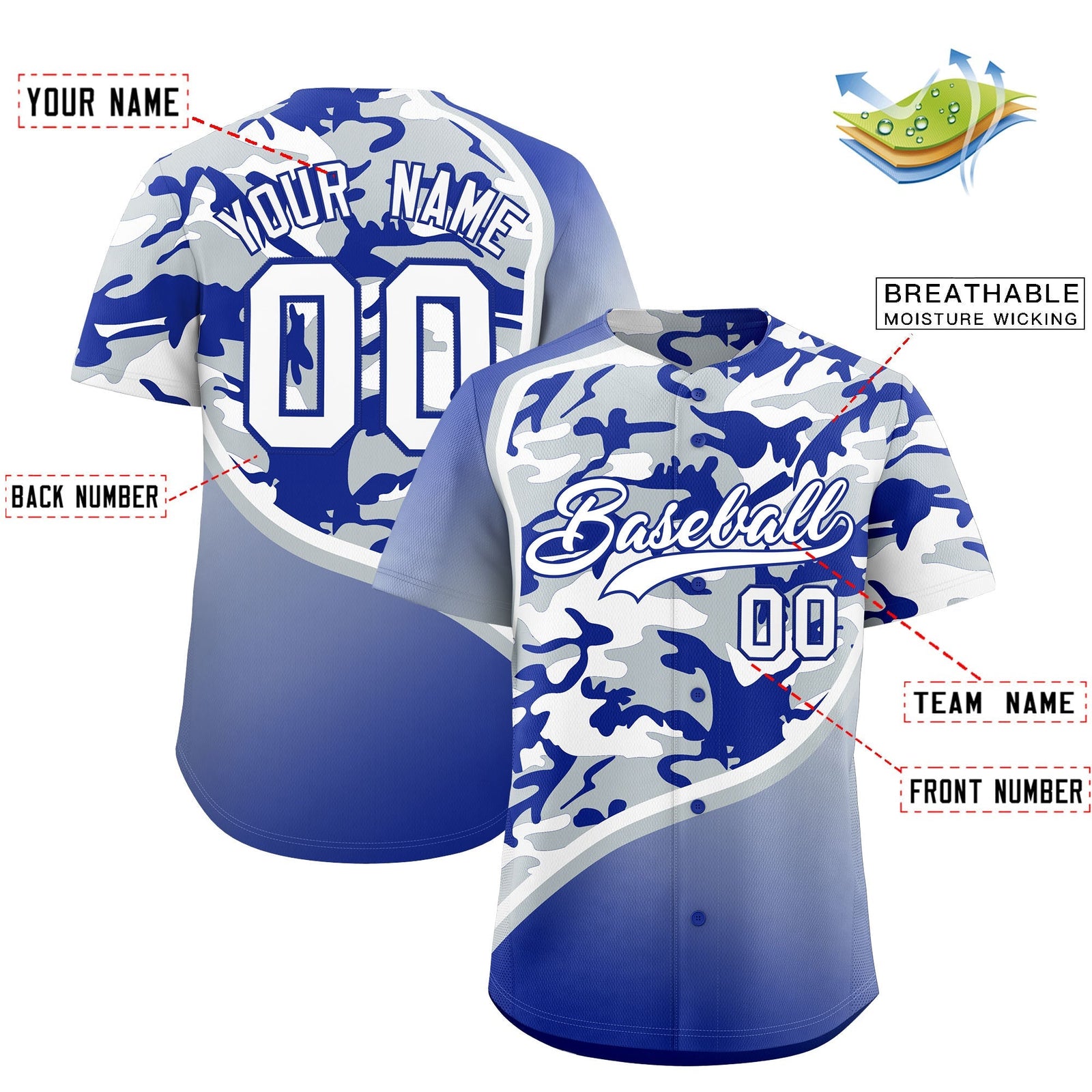 Custom Silver Royal Blue White Camo Gradient Fashion Baseball Jersey | Perfect for Training,Sublimation Printed & Stitched,Add Name and Numbern,Perfect for Teams | KXKSHOP