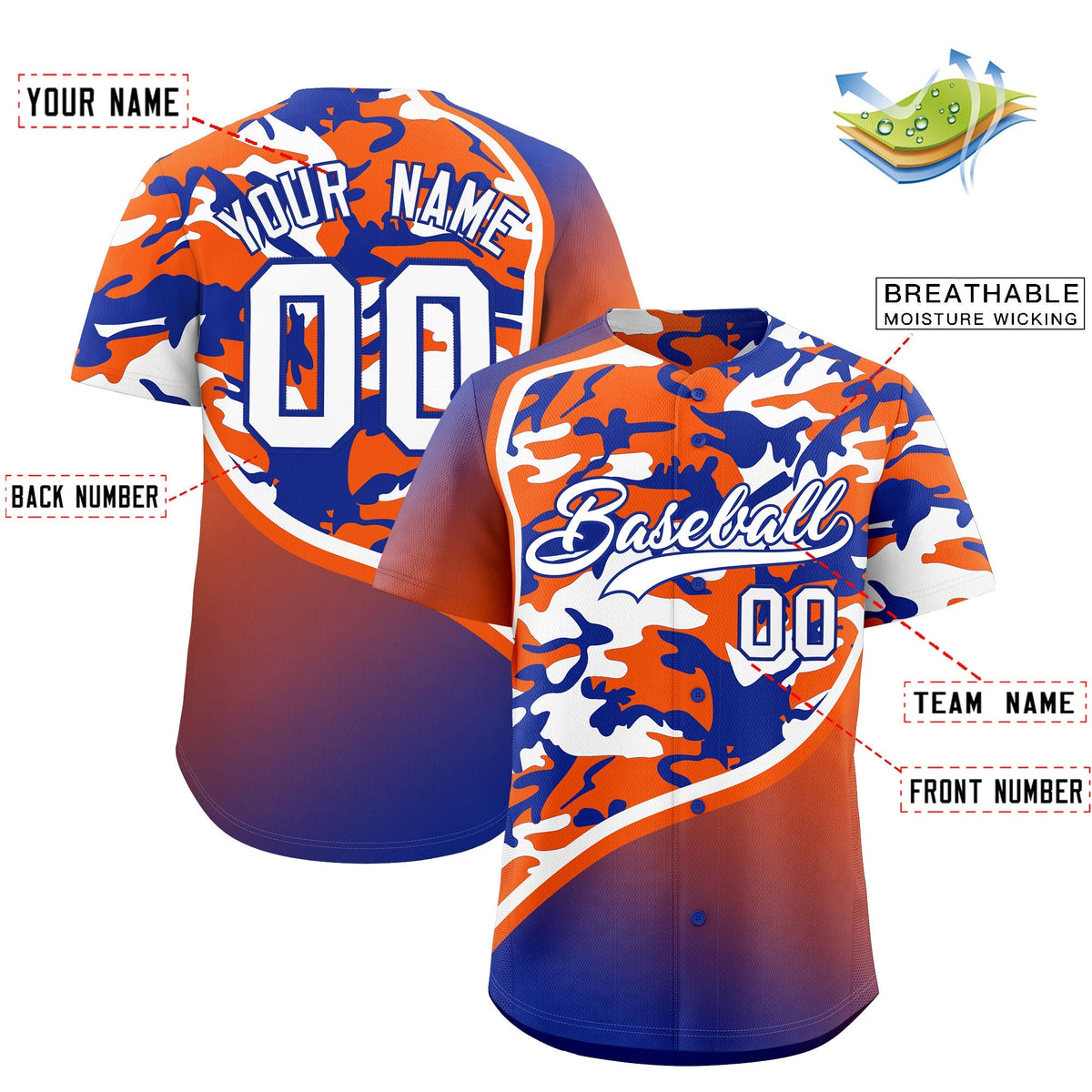 Custom Orange Royal Blue White Camo Gradient Fashion Baseball Jersey | Perfect for Training,Sublimation Printed & Stitched,Add Name and Numbern,Perfect for Teams | KXKSHOP