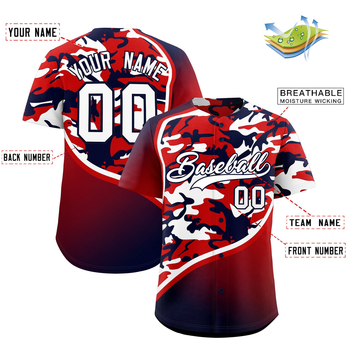 Custom Red White Navy Camo Gradient Fashion Baseball Jersey | Perfect for Training,Sublimation Printed &amp; Stitched,Add Name and Numbern,Perfect for Teams | KXKSHOP
