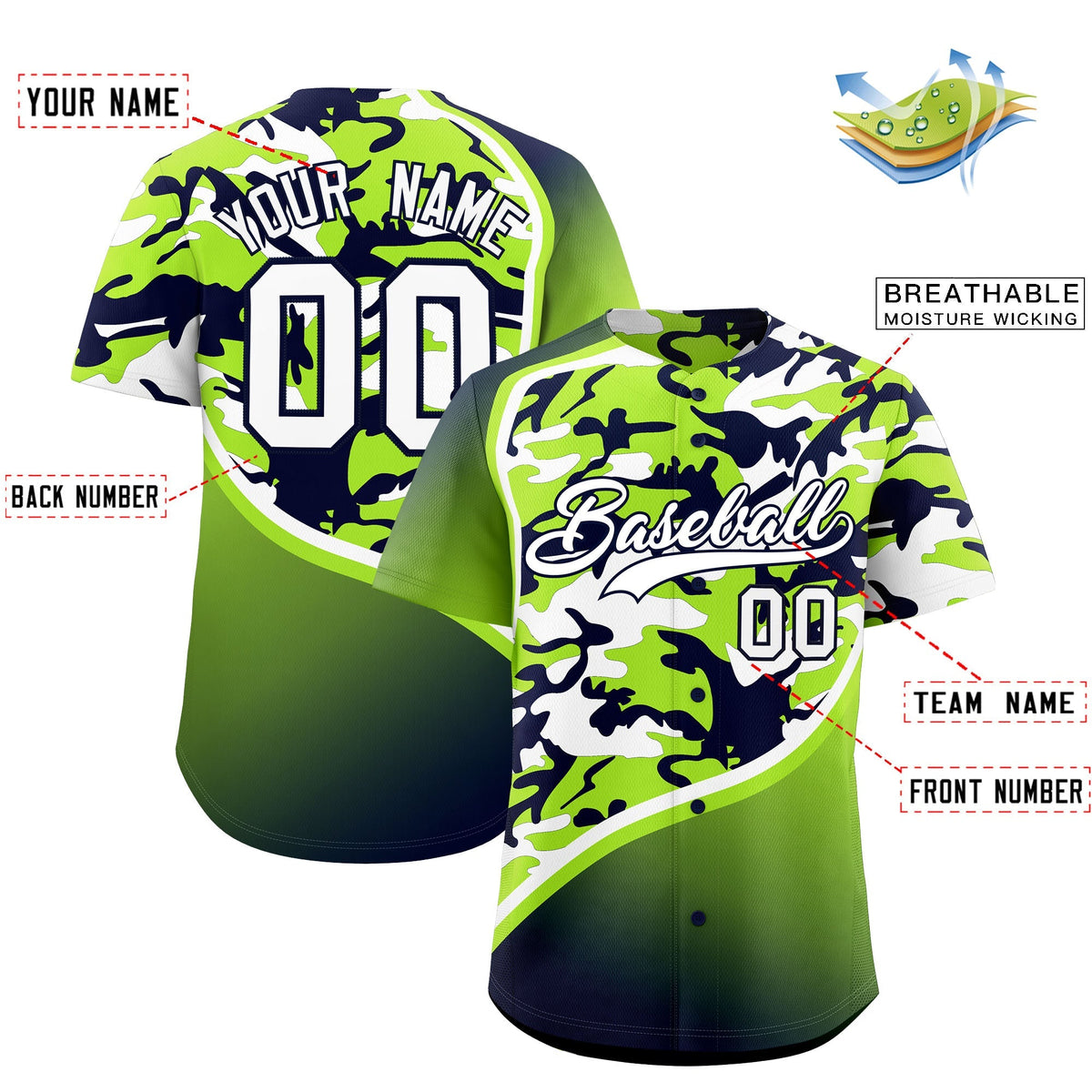 Custom Neon Green Navy White Camo Gradient Fashion Baseball Jersey | Perfect for Training,Sublimation Printed &amp; Stitched,Add Name and Numbern,Perfect for Teams | KXKSHOP