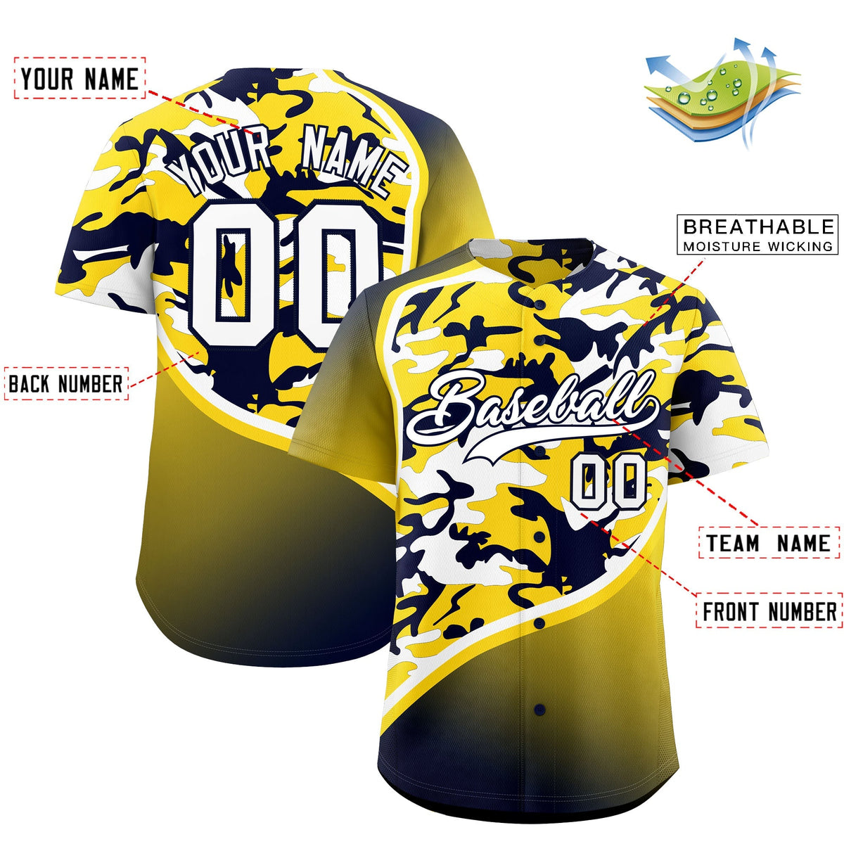 Custom Gold Navy White Camo Gradient Fashion Baseball Jersey | Perfect for Training,Sublimation Printed &amp; Stitched,Add Name and Numbern,Perfect for Teams | KXKSHOP