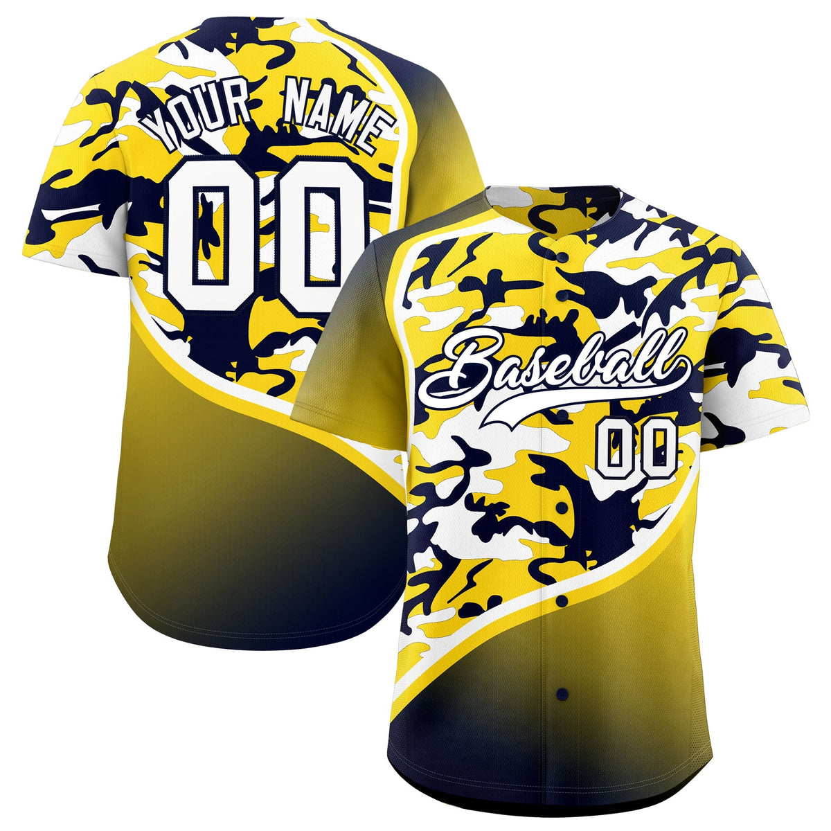 Custom Gold Navy White Camo Gradient Fashion Baseball Jersey | Perfect for Training,Sublimation Printed &amp; Stitched,Add Name and Numbern,Perfect for Teams | KXKSHOP