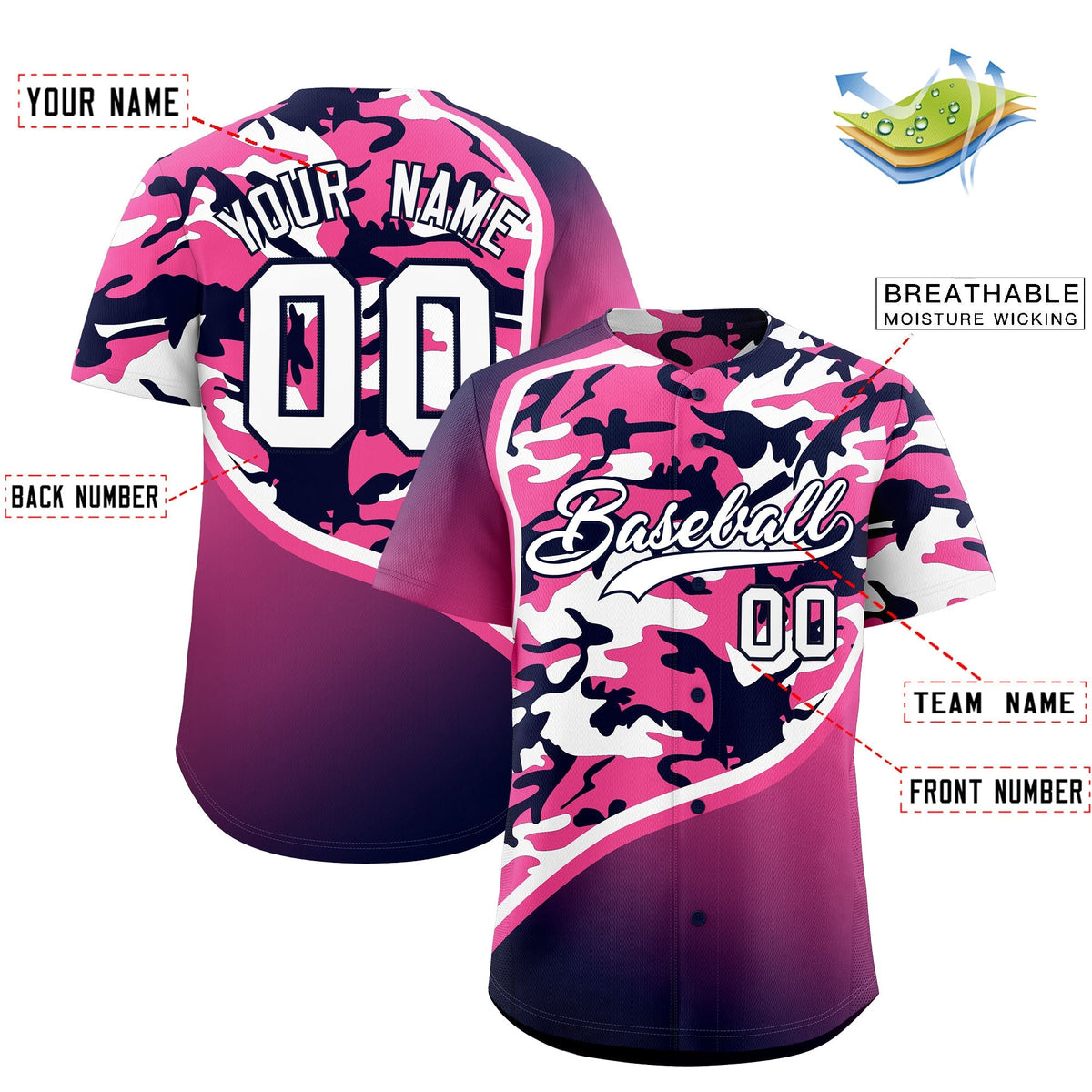 Custom Pink Navy White Camo Gradient Fashion Baseball Jersey | Perfect for Training,Sublimation Printed &amp; Stitched,Add Name and Numbern,Perfect for Teams | KXKSHOP