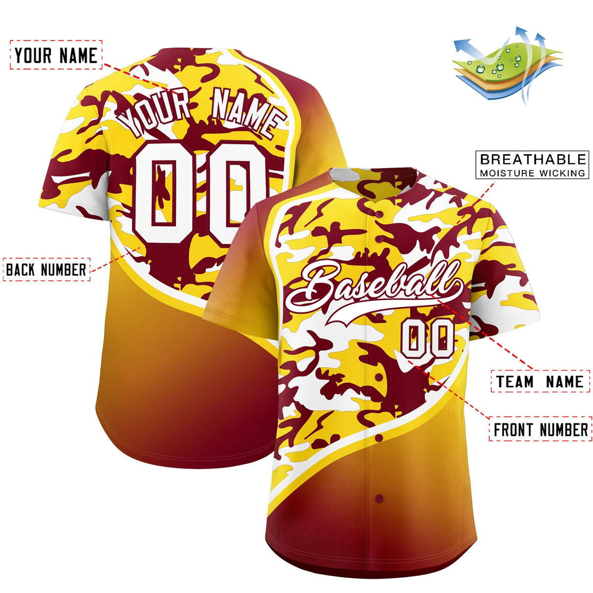 Custom Crimson Gold White Camo Gradient Fashion Baseball Jersey | Perfect for Training,Sublimation Printed &amp; Stitched,Add Name and Numbern,Perfect for Teams | KXKSHOP