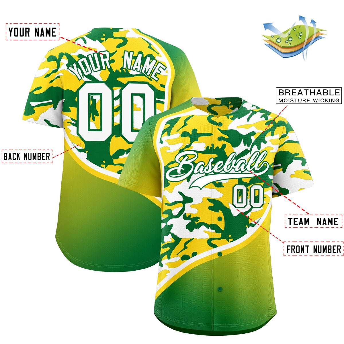 Custom Gold Kelly Green White Camo Gradient Fashion Baseball Jersey | Perfect for Training,Sublimation Printed &amp; Stitched,Add Name and Numbern,Perfect for Teams | KXKSHOP