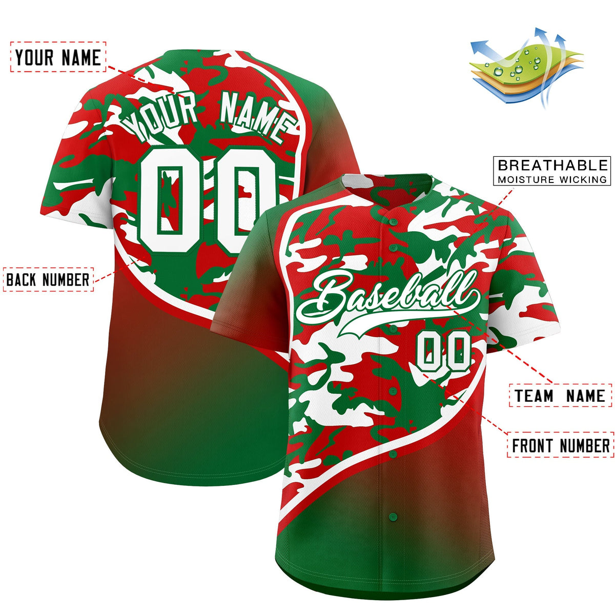 Custom Red Kelly Green White Camo Gradient Fashion Baseball Jersey | Perfect for Training,Sublimation Printed &amp; Stitched,Add Name and Numbern,Perfect for Teams | KXKSHOP