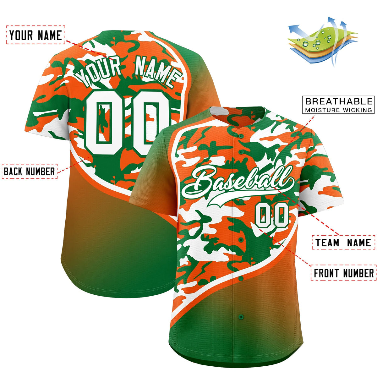 Custom Orange Kelly Green White Camo Gradient Fashion Baseball Jersey | Perfect for Training,Sublimation Printed &amp; Stitched,Add Name and Numbern,Perfect for Teams | KXKSHOP