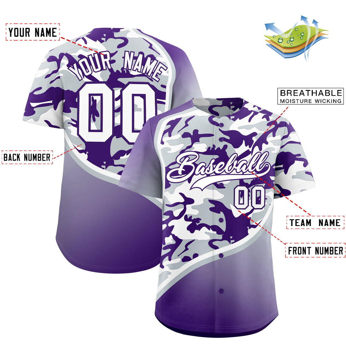 Custom Silver Purple White Camo Gradient Fashion Baseball Jersey | Perfect for Training,Sublimation Printed & Stitched,Add Name and Numbern,Perfect for Teams | KXKSHOP
