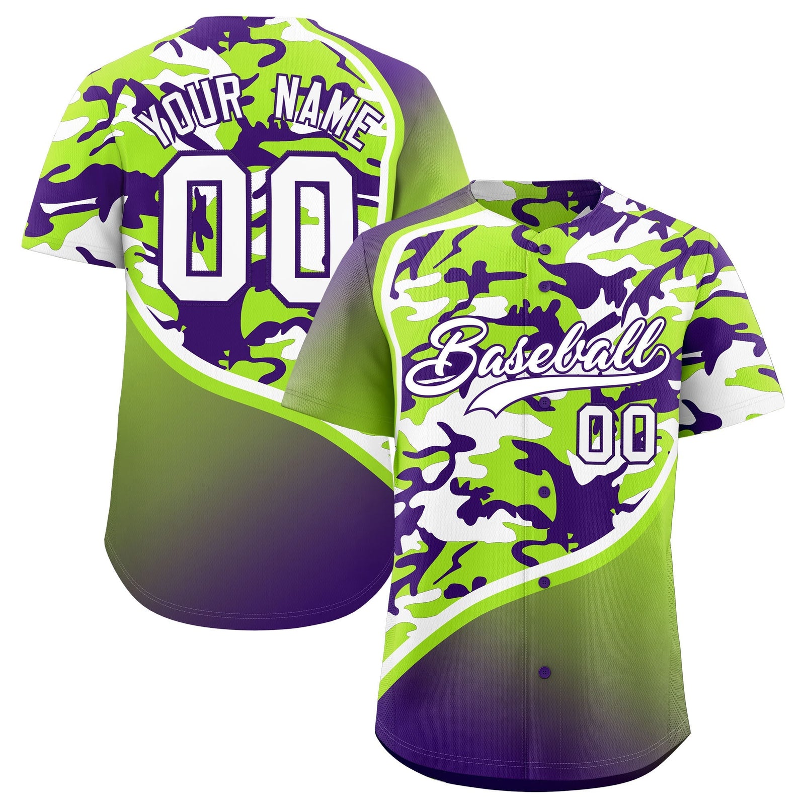 Custom Neon Green Purple White Camo Gradient Fashion Baseball Jersey | Perfect for Training,Sublimation Printed & Stitched,Add Name and Numbern,Perfect for Teams | KXKSHOP