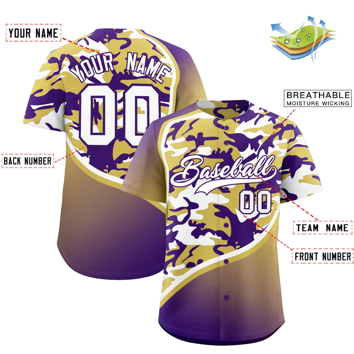 Custom Old Gold Purple White Camo Gradient Fashion Baseball Jersey | Perfect for Training,Sublimation Printed &amp; Stitched,Add Name and Numbern,Perfect for Teams | KXKSHOP
