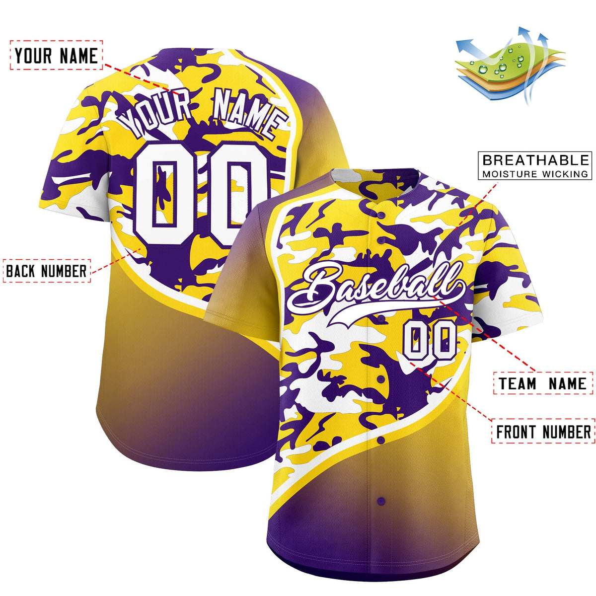 Custom Gold Purple White Camo Gradient Fashion Baseball Jersey | Perfect for Training,Sublimation Printed &amp; Stitched,Add Name and Numbern,Perfect for Teams | KXKSHOP